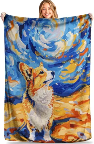 Starry Night Corgi Throw Blanket - Soft, Cozy, Lightweight, and Warm Plush Flannel Perfect for Couch, Office, and Travel - Fluffy, Fuzzy Decorative Blanket for Home 50×60 Inch