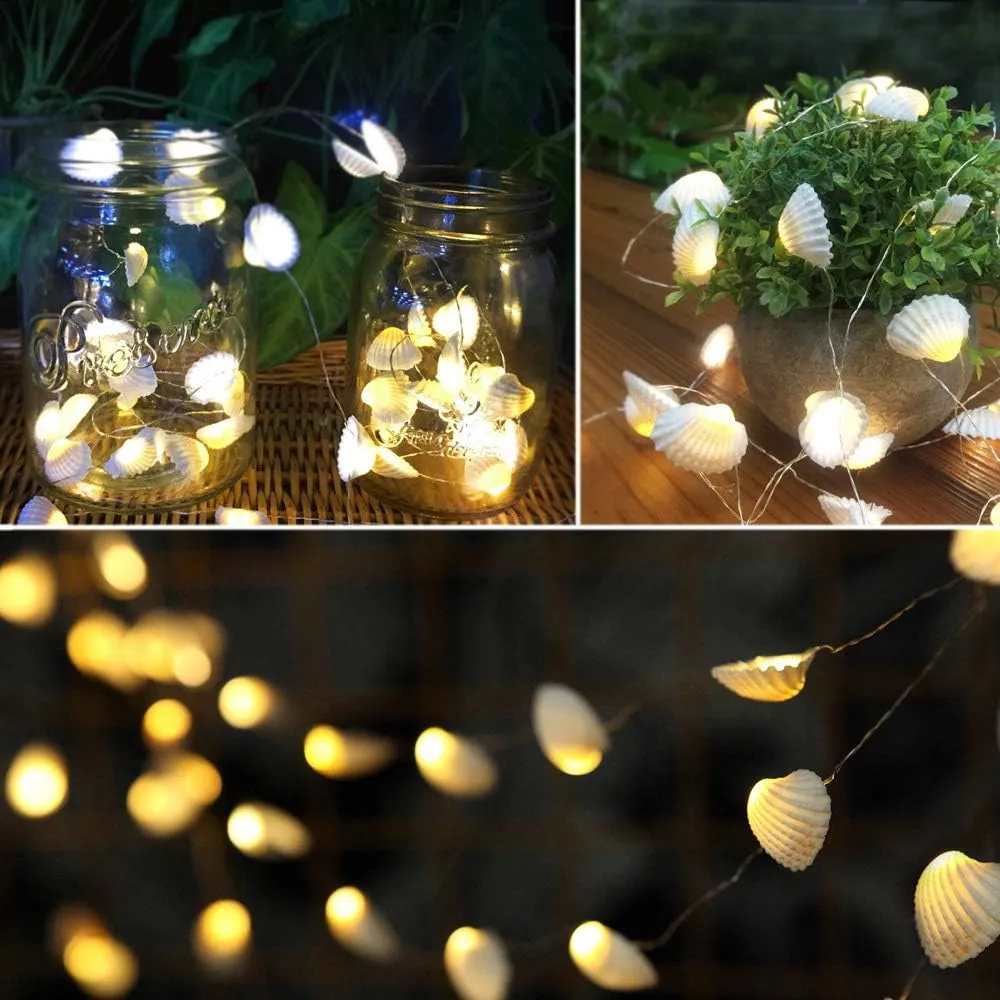 Starryfill Ocean Real Seashell 0.8"(H) 40 LED String Lights 13.85Ft Battery Operated Waterproof Warm White with Timer and Remote Control for Beach Themed Decoration Indoor Covered Outdoor Birthday