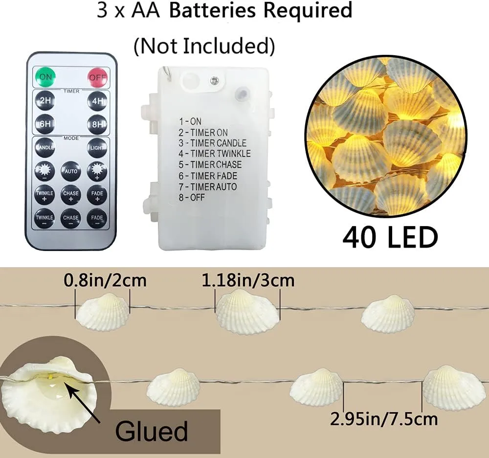 Starryfill Ocean Real Seashell 0.8"(H) 40 LED String Lights 13.85Ft Battery Operated Waterproof Warm White with Timer and Remote Control for Beach Themed Decoration Indoor Covered Outdoor Birthday