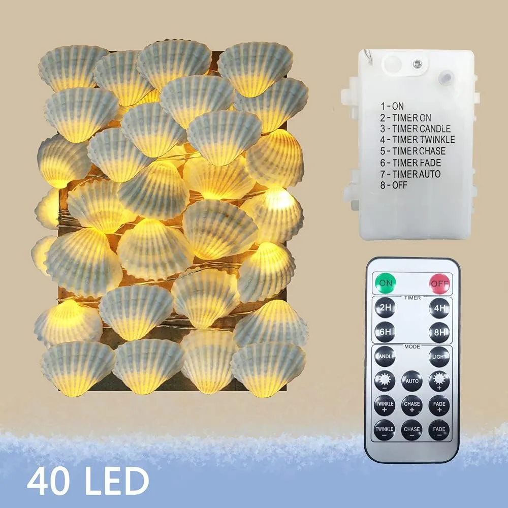 Starryfill Ocean Real Seashell 0.8"(H) 40 LED String Lights 13.85Ft Battery Operated Waterproof Warm White with Timer and Remote Control for Beach Themed Decoration Indoor Covered Outdoor Birthday