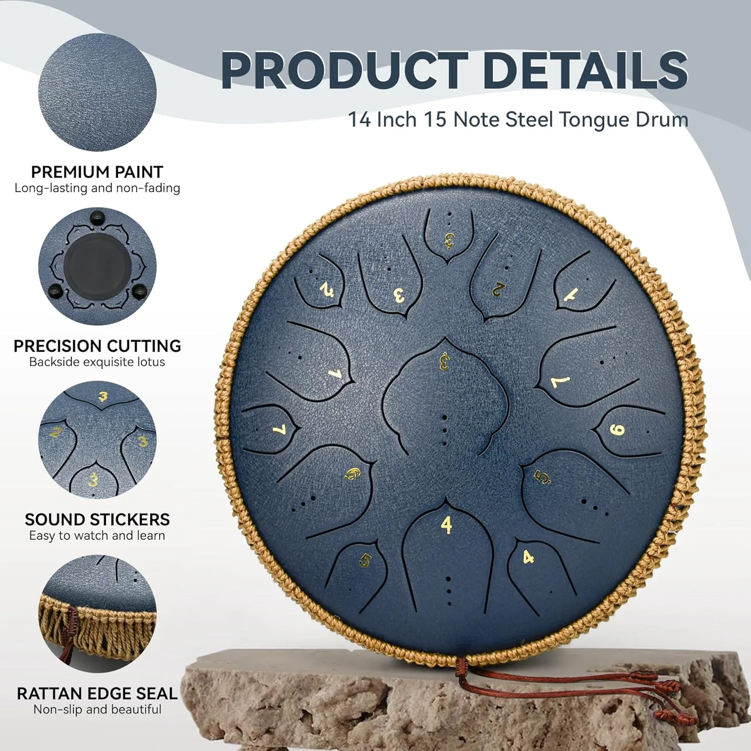 Steel Tongue Drum - 14 Inch 15 Notes Tongue Drum - Handpan Instrument for Adults with Music Book, Handpan Drum Mallets and Carry Bag, D Major Navyblue