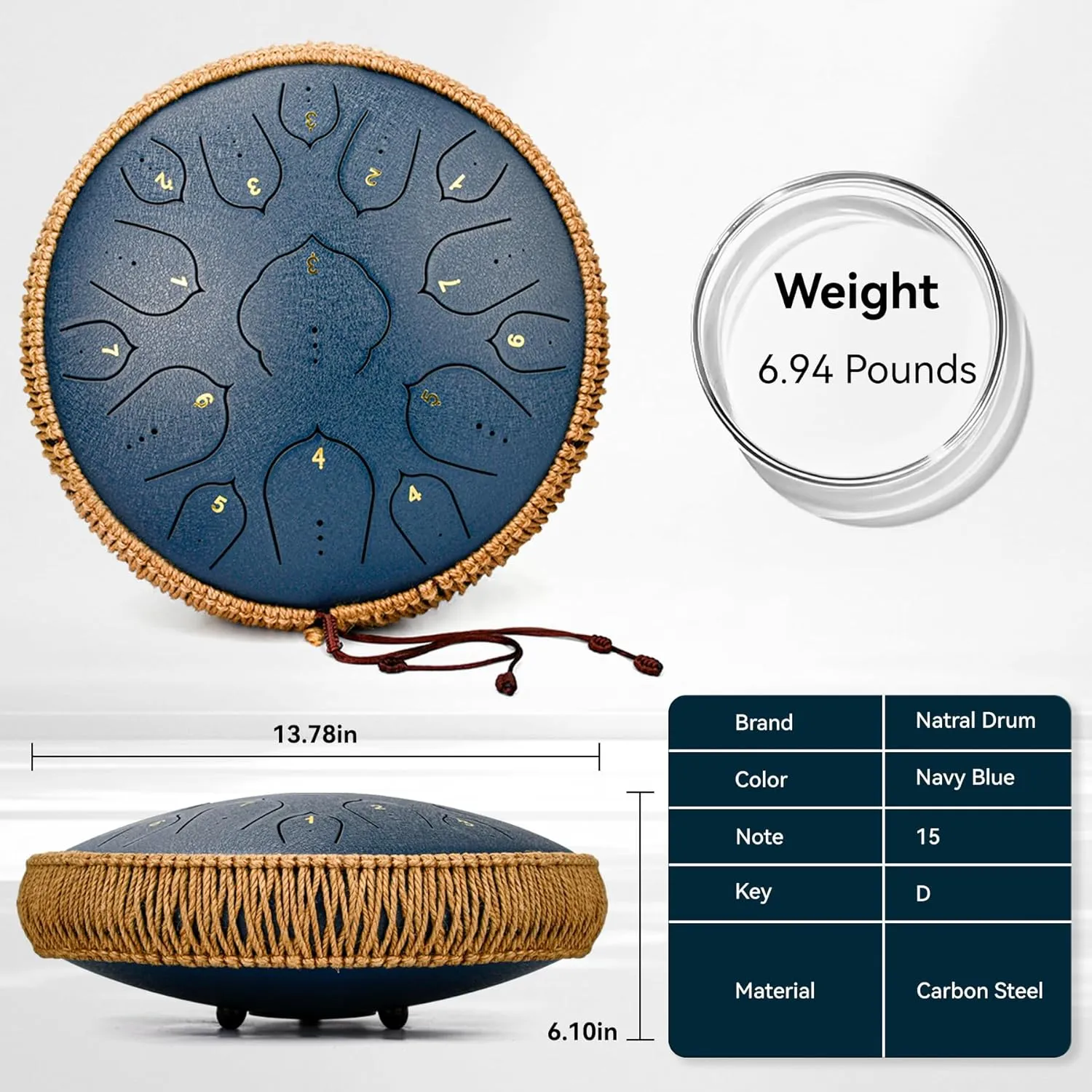 Steel Tongue Drum - 14 Inch 15 Notes Tongue Drum - Handpan Instrument for Adults with Music Book, Handpan Drum Mallets and Carry Bag, D Major Navyblue