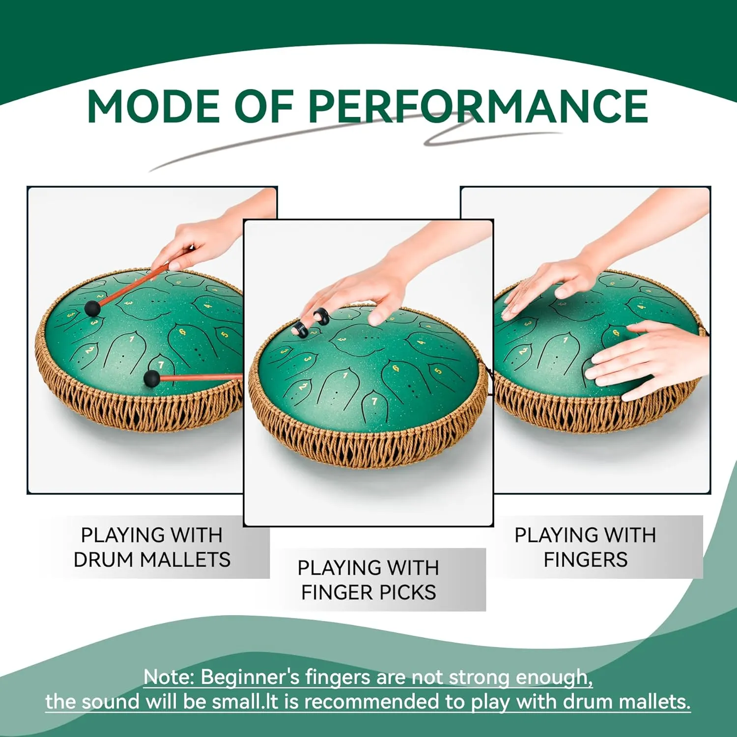 Steel Tongue Drum -15 Notes steel Drum - 14 Inch Tongue Drums Instrument, Hand Pan Drums with Music Book, Handpan Drum Mallets and Carry Bag, D Major Green