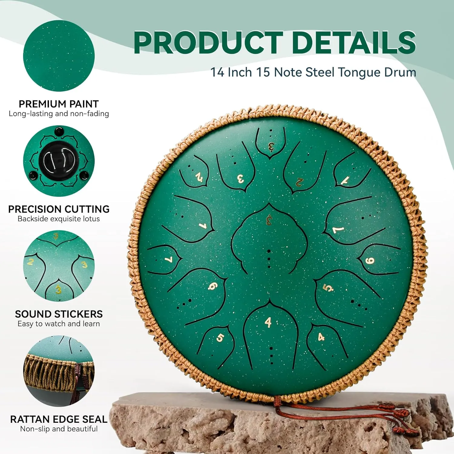 Steel Tongue Drum -15 Notes steel Drum - 14 Inch Tongue Drums Instrument, Hand Pan Drums with Music Book, Handpan Drum Mallets and Carry Bag, D Major Green
