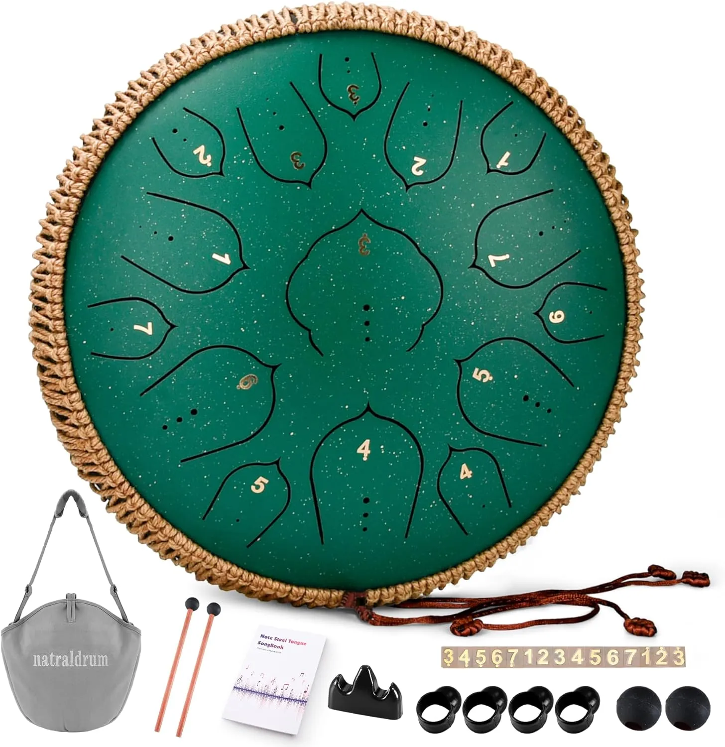 Steel Tongue Drum -15 Notes steel Drum - 14 Inch Tongue Drums Instrument, Hand Pan Drums with Music Book, Handpan Drum Mallets and Carry Bag, D Major Green