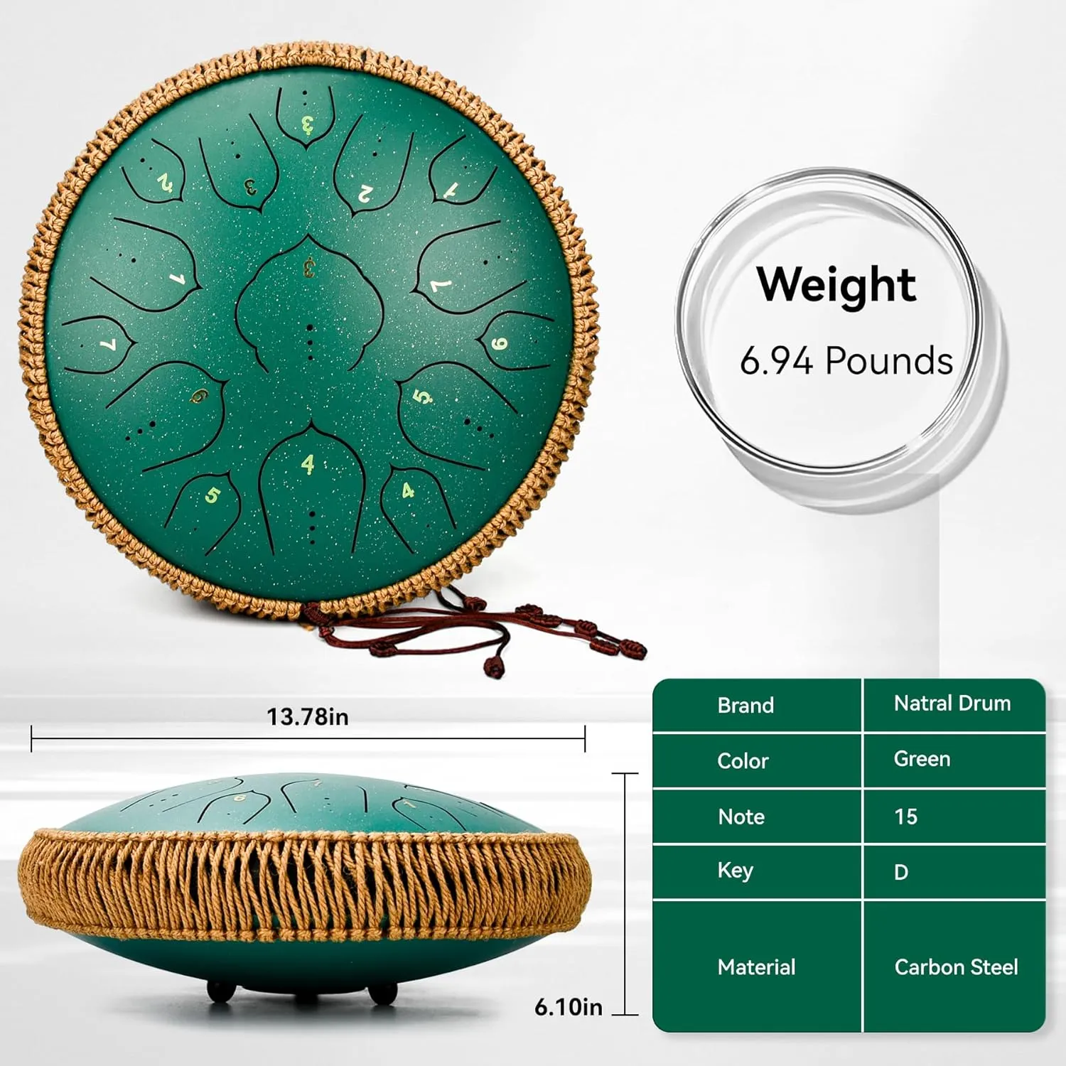 Steel Tongue Drum -15 Notes steel Drum - 14 Inch Tongue Drums Instrument, Hand Pan Drums with Music Book, Handpan Drum Mallets and Carry Bag, D Major Green