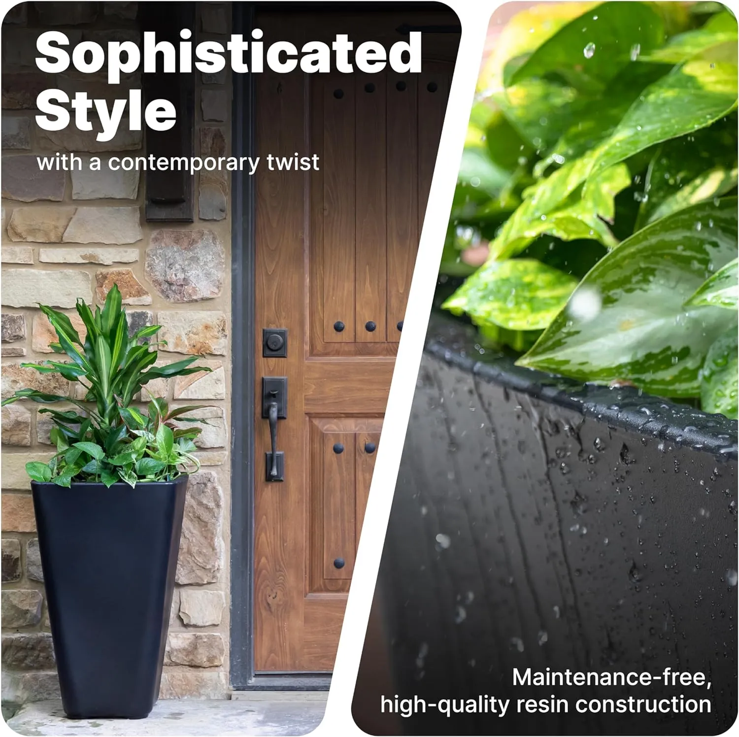 Step2 Bridgeview Tall Square Planter, Large Planters for Outdoor Plants, Gardening and Flower Pot for Patio or Porch, Efficient Drainage, Durable Plastic, Onyx Black, 2-Pack