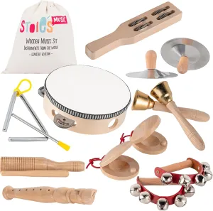 Stoie's Wooden Kids Musical Instruments for 3-9 Years Old, with Drum, Flute, Hand Bells, Cymbals, Castanets, Triangle, for Babies and Toddlers, Durable, Safe, Montessori Educational Toy, Storage Bag