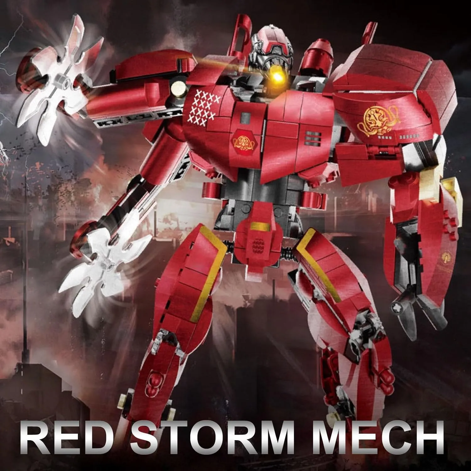 Storm Mech Building Blocks Set for Adults，Red Armor Robot Model Building Kit with Weapons and Flame Shape Base, 1742 Pieces Hard Core Collectible Gifts for Movie Fans Man Boys