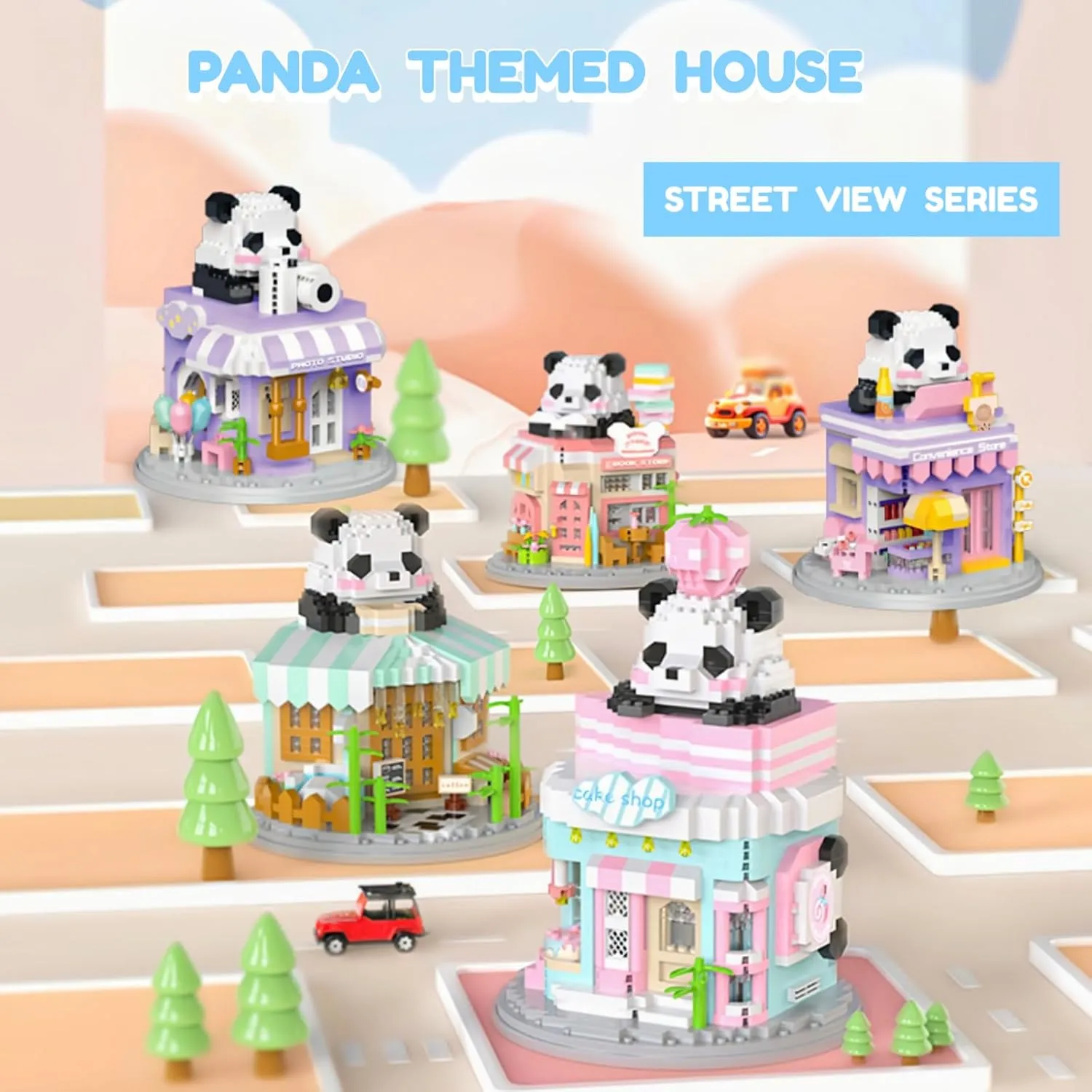 Street View Coffee Shop Mini Building Blocks,911 Pieces Cute Panda Animal Micro Building Sets,Simulation Architecture Construction Toy,Creative Gifts for Adults Boys Girls 12 
