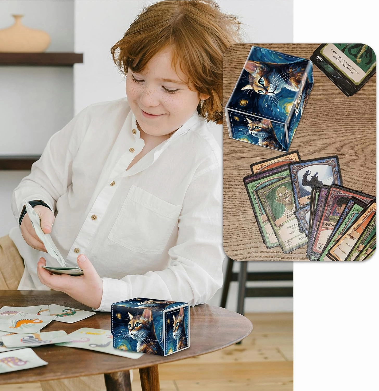 Strong Magnet Case Mtg Magic Deck Box Tcg Up to 200 Cards Creative Pattern Trading Card Storage Box for Collectible Card Games, A Cute Cat With Starry Night