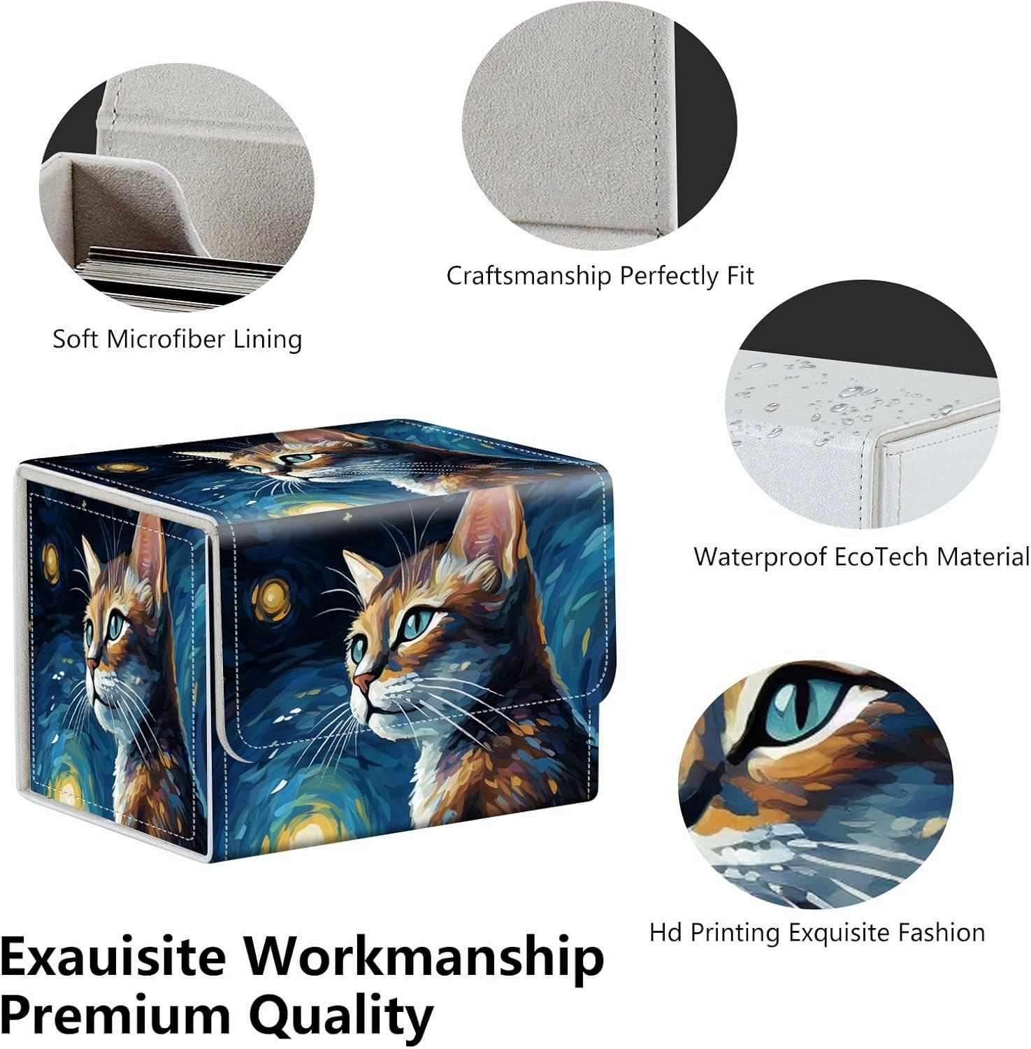 Strong Magnet Case Mtg Magic Deck Box Tcg Up to 200 Cards Creative Pattern Trading Card Storage Box for Collectible Card Games, A Cute Cat With Starry Night