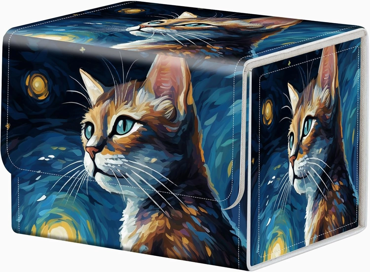 Strong Magnet Case Mtg Magic Deck Box Tcg Up to 200 Cards Creative Pattern Trading Card Storage Box for Collectible Card Games, A Cute Cat With Starry Night