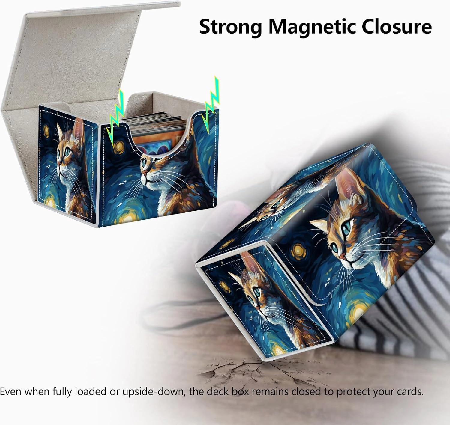 Strong Magnet Case Mtg Magic Deck Box Tcg Up to 200 Cards Creative Pattern Trading Card Storage Box for Collectible Card Games, A Cute Cat With Starry Night