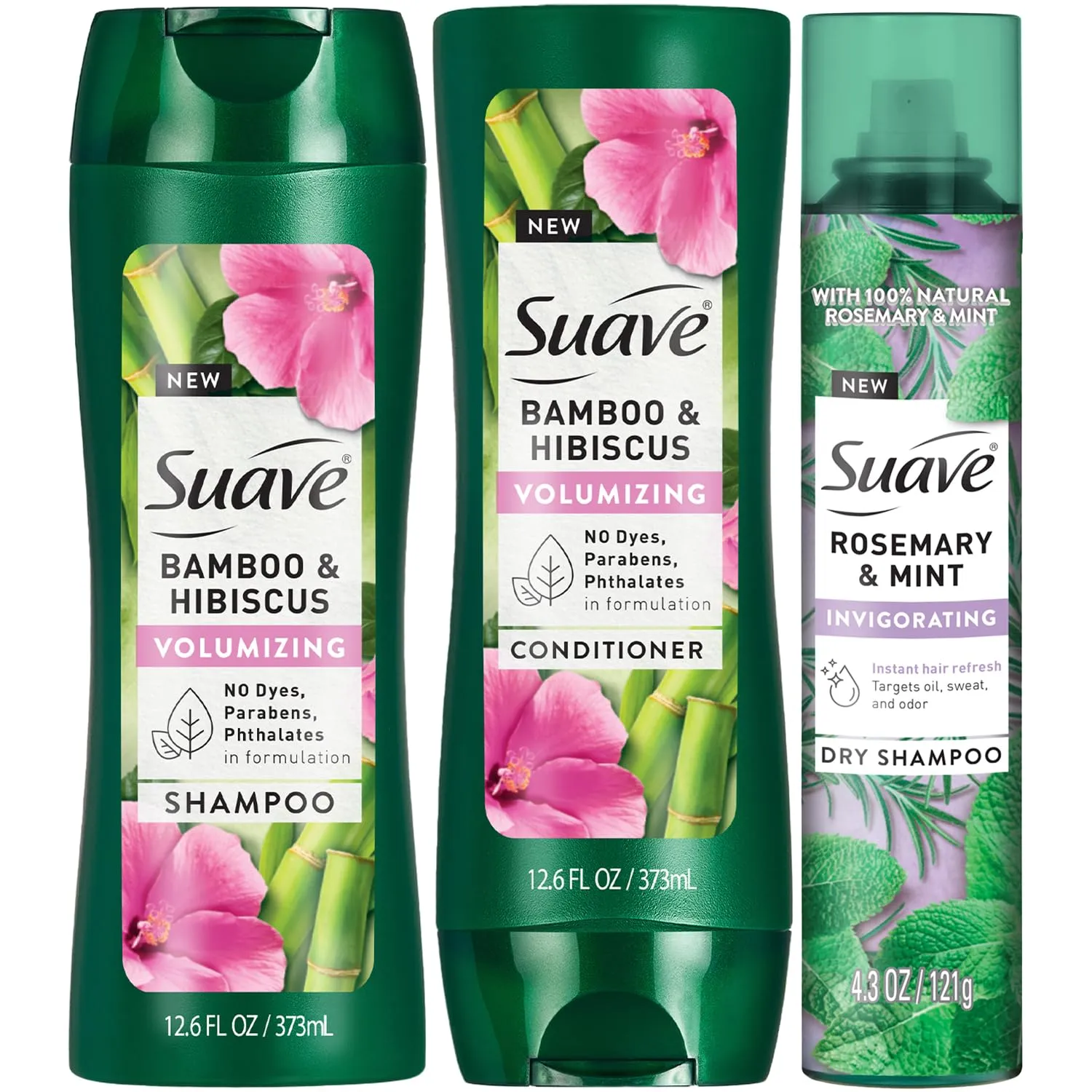 Suave Volumizing Shampoo and Conditioner Set, Bamboo & Hibiscus   Dry Shampoo for Women, Rosemary & Mint