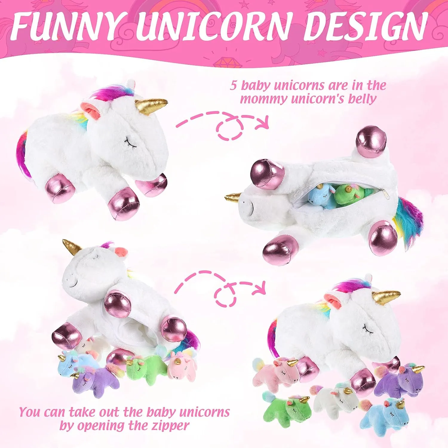 Sumind Rainbow Unicorn Mommy Stuffed Animal with 5 Cute Baby Unicorns in Her Tummy Plush Toy for Mama Girls Baby Toddler Kids 3 4 5 6 7 8  YearChristmas Birthday Gifts(Chic Style,White)