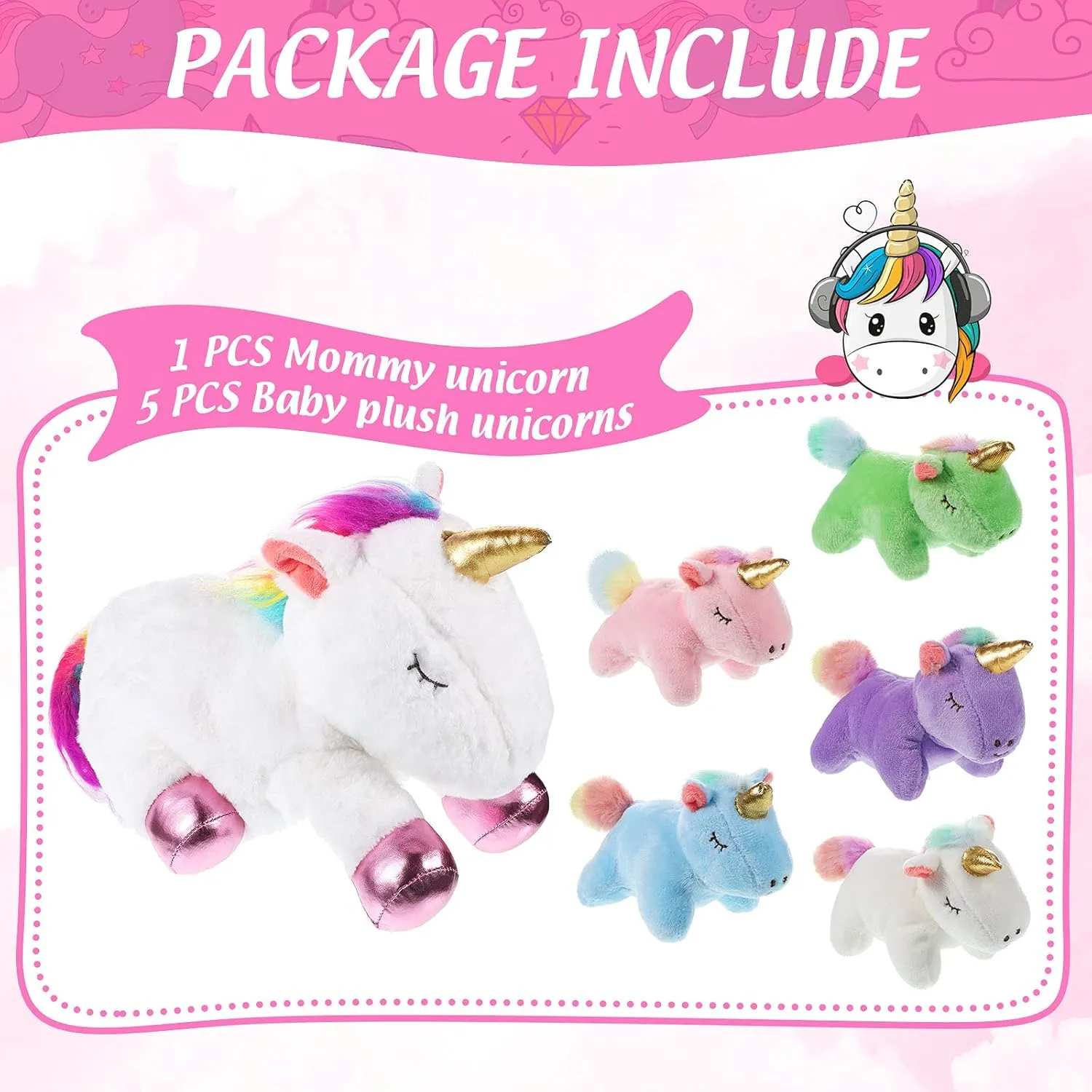 Sumind Rainbow Unicorn Mommy Stuffed Animal with 5 Cute Baby Unicorns in Her Tummy Plush Toy for Mama Girls Baby Toddler Kids 3 4 5 6 7 8  YearChristmas Birthday Gifts(Chic Style,White)