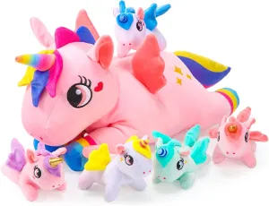 Sumind Rainbow Unicorn Mommy Stuffed Animal with 5 Cute Baby Unicorns in Her Tummy Plush Toy for Mama Girls Baby Toddler Kids 3 4 5 6 7 8  YearChristmas Birthday Gifts(Novel Style,Pink)