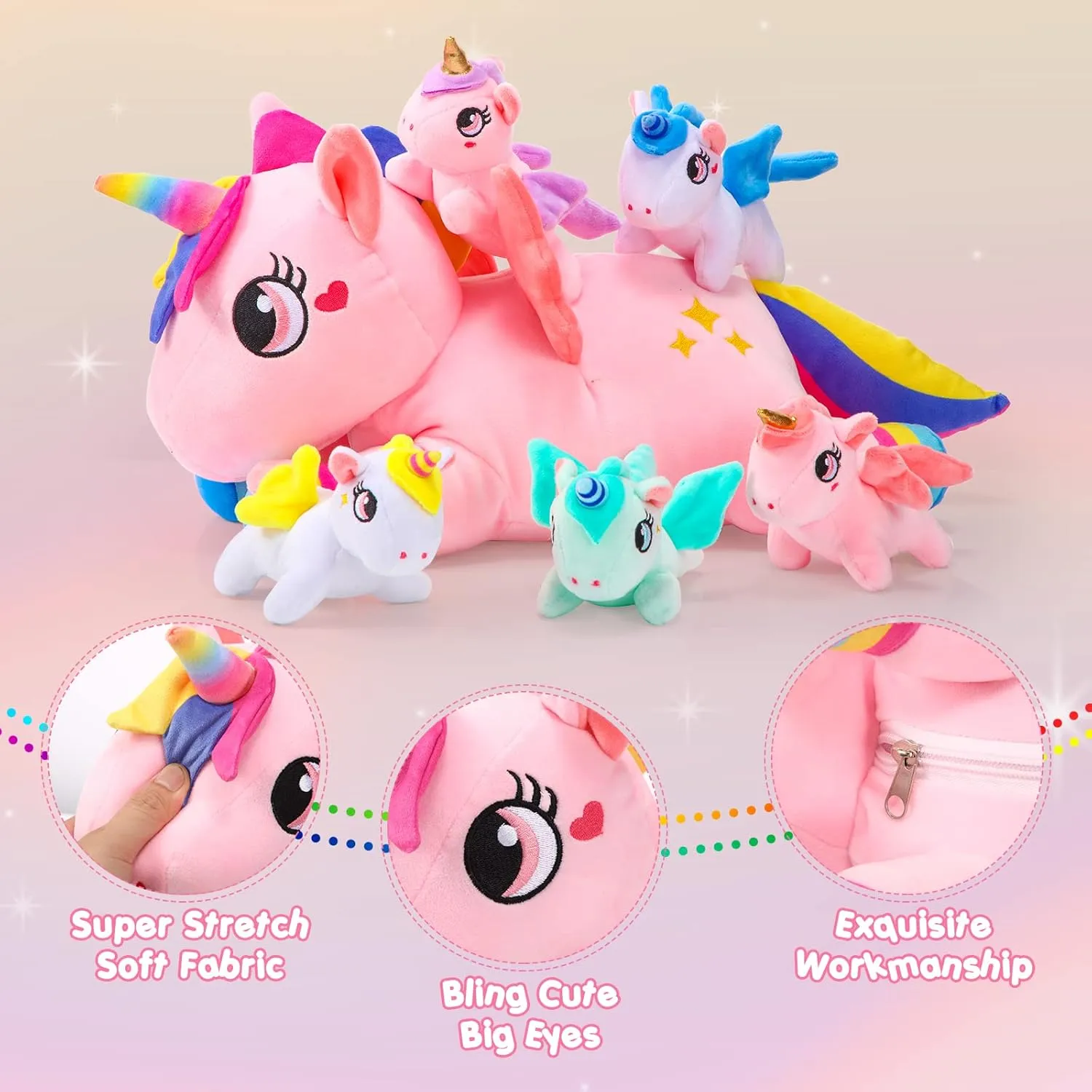 Sumind Rainbow Unicorn Mommy Stuffed Animal with 5 Cute Baby Unicorns in Her Tummy Plush Toy for Mama Girls Baby Toddler Kids 3 4 5 6 7 8  YearChristmas Birthday Gifts(Novel Style,Pink)