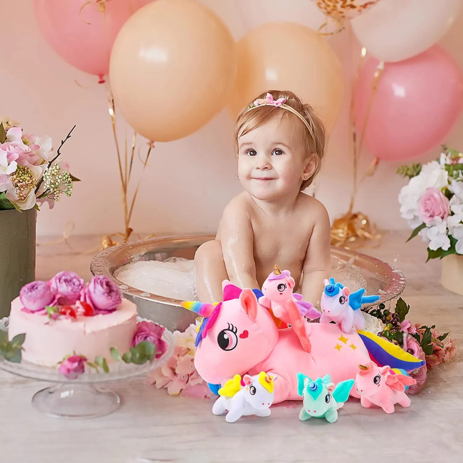 Sumind Rainbow Unicorn Mommy Stuffed Animal with 5 Cute Baby Unicorns in Her Tummy Plush Toy for Mama Girls Baby Toddler Kids 3 4 5 6 7 8  YearChristmas Birthday Gifts(Novel Style,Pink)