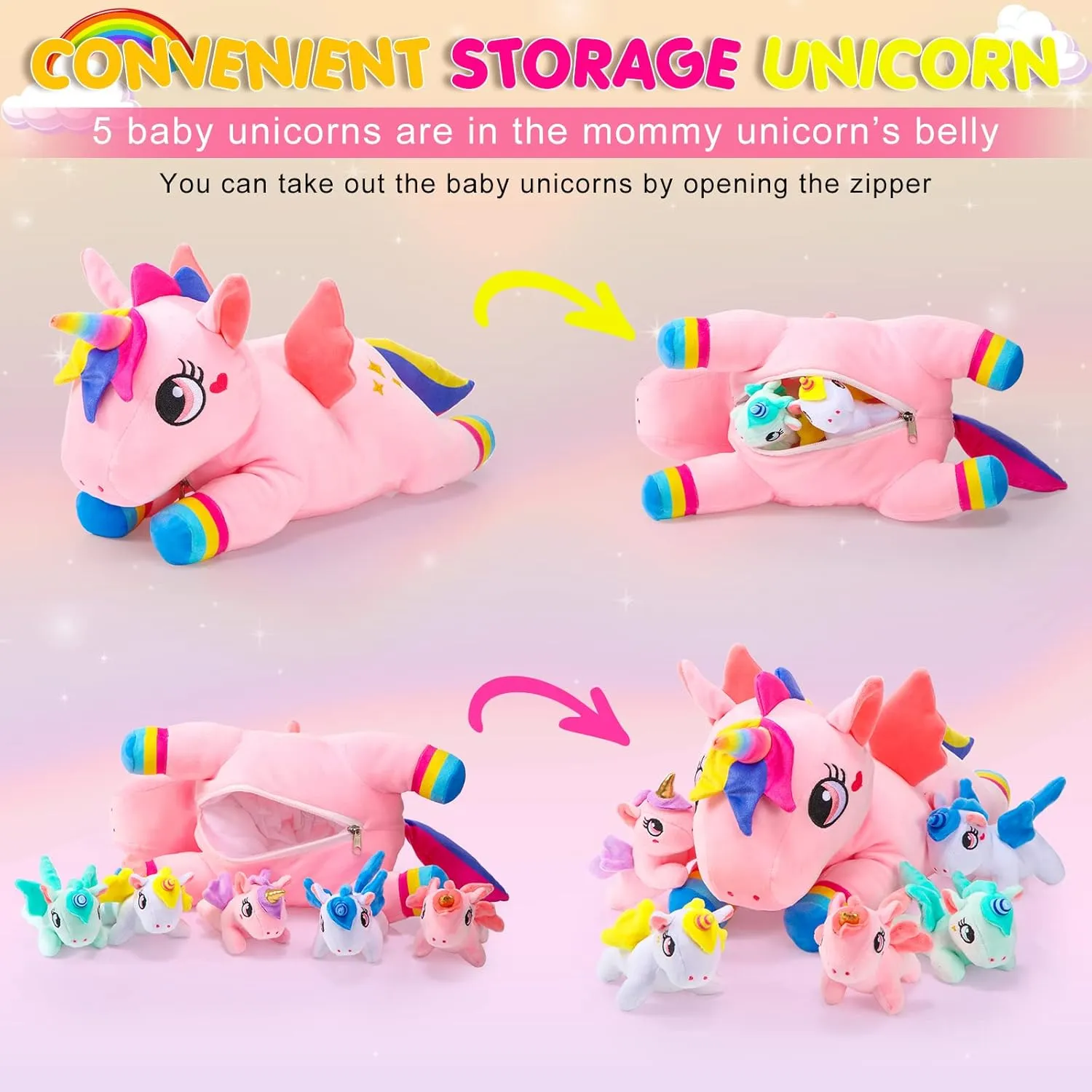 Sumind Rainbow Unicorn Mommy Stuffed Animal with 5 Cute Baby Unicorns in Her Tummy Plush Toy for Mama Girls Baby Toddler Kids 3 4 5 6 7 8  YearChristmas Birthday Gifts(Novel Style,Pink)