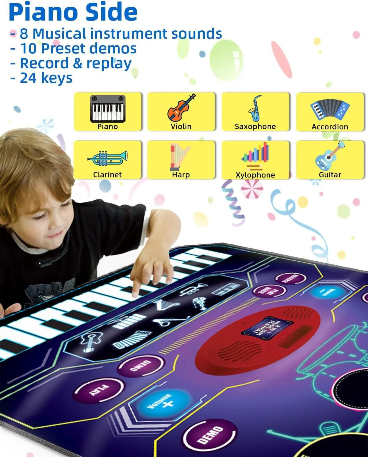 SUNLIN 2-in-1 Music Jam Mat, Music Learning Toy for Boys Girls 3-6, Drum Set   Piano Mat, Toddler Birthday Gift 3 4 5 6 Years, Record & Playback, Built-in Songs, 8 Instrument Sounds, Volume Control