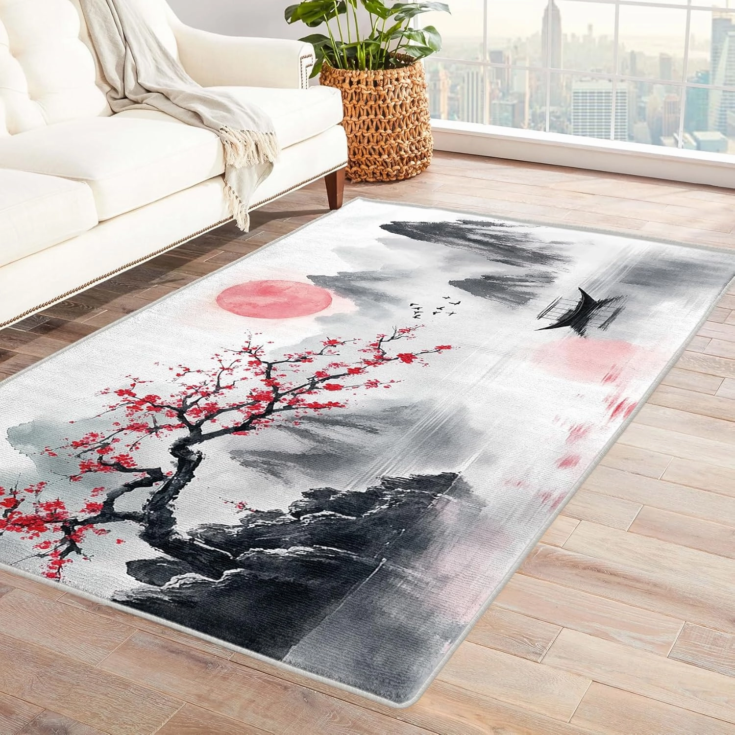 Sunset Flower Rugs for Bedroom, Mountain Area Rug 5x7, Landscape Painting Rugs for Living Room, Sunset Flower Rug, Non Slip Washable Rug - 5 x 7 ft, Home Deco Indoor Carpet