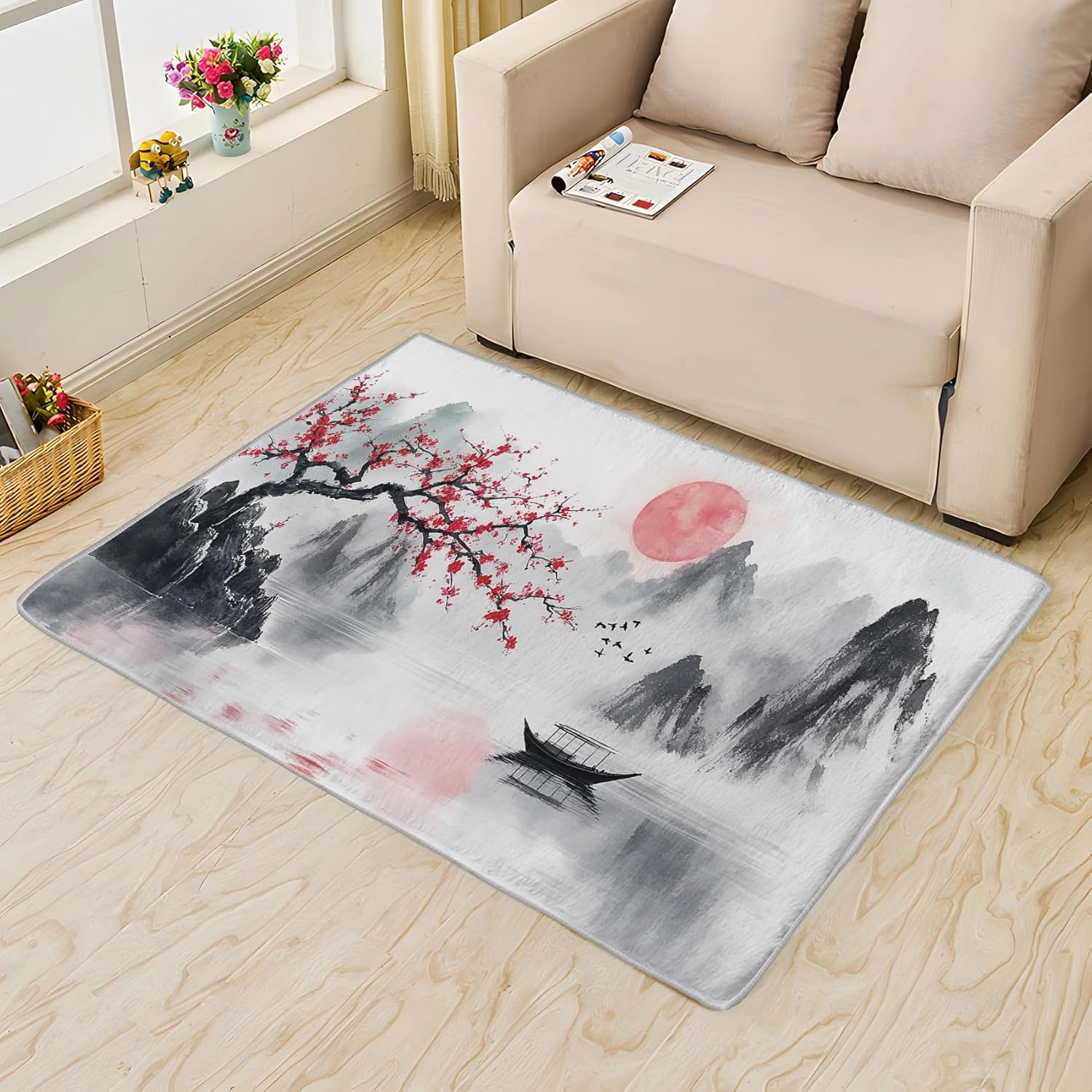 Sunset Flower Rugs for Bedroom, Mountain Area Rug 5x7, Landscape Painting Rugs for Living Room, Sunset Flower Rug, Non Slip Washable Rug - 5 x 7 ft, Home Deco Indoor Carpet