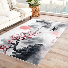 Sunset Flower Rugs for Bedroom, Mountain Area Rug 5x7, Landscape Painting Rugs for Living Room, Sunset Flower Rug, Non Slip Washable Rug - 5 x 7 ft, Home Deco Indoor Carpet