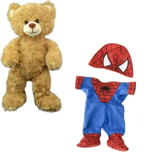 Superhero-Themed 16-Inch Brown Bear Plush Toy in Spider Costume - Soft Stuffed Animal for Kids - Collectible Teddy Bear Dressed as Spidey for Playtime and Display