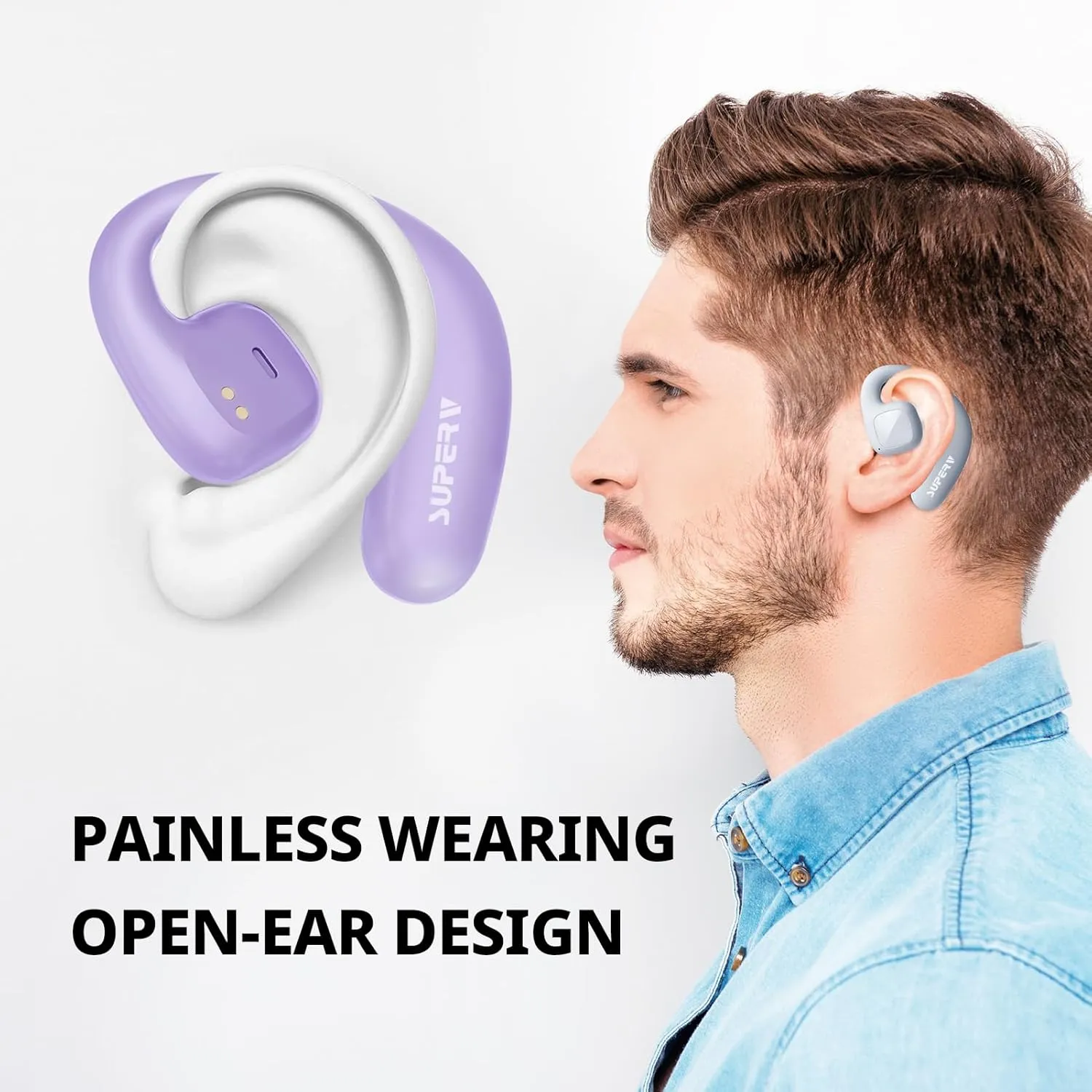SUPERV Open Ear Headphones, Bluetooth 5.3 Wireless Earbuds with Earhooks,Fast Charging, Sweat Resistant, Digital Display Charging Case for Music, Game, Sport(Purple)