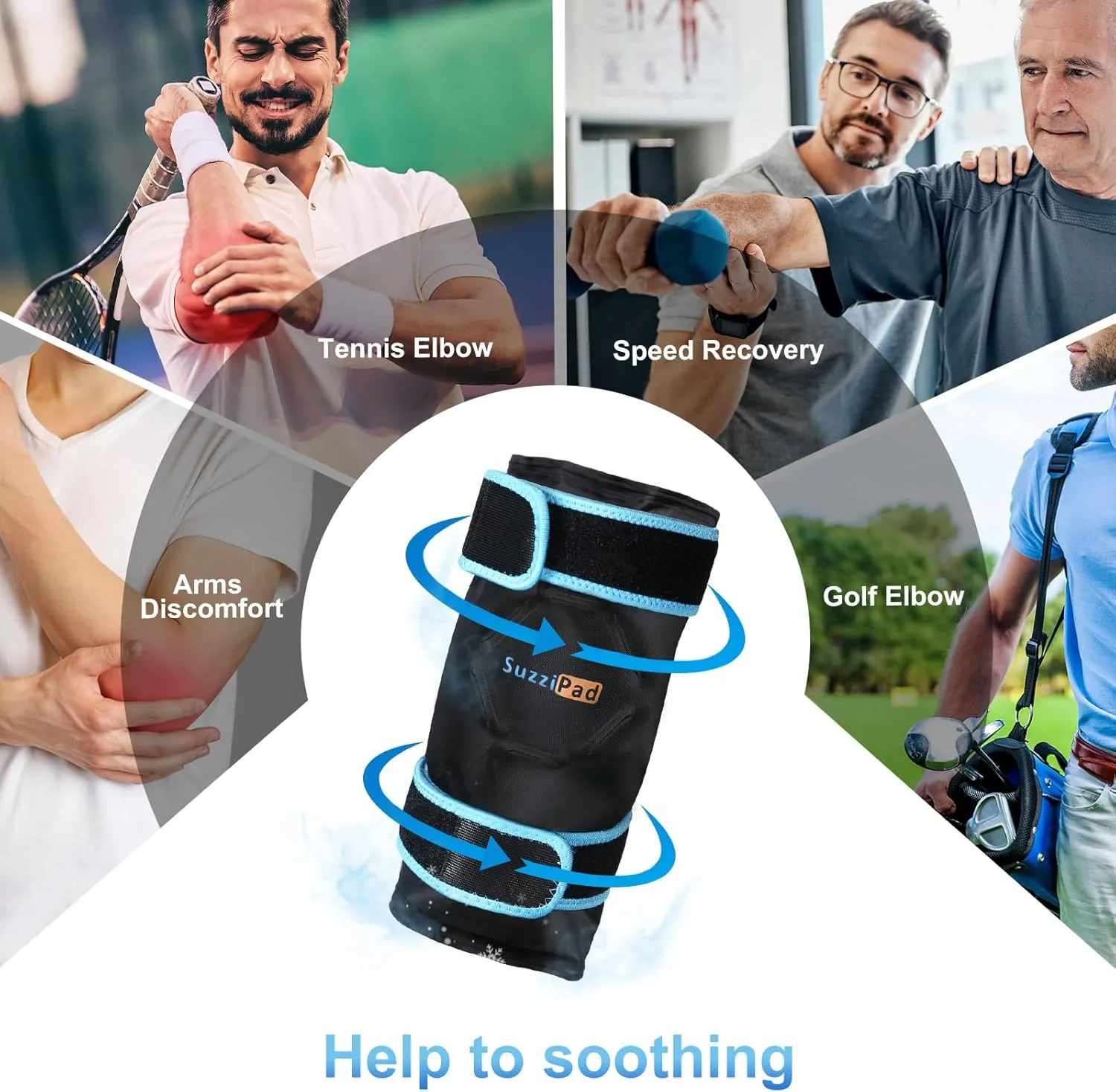 SuzziPad Elbow Ice Pack Wrap – Wearable Cold Compression Sleeve for Elbow & Forearm, Reusable Ice Pack for Tennis & Golf Recovery, Black