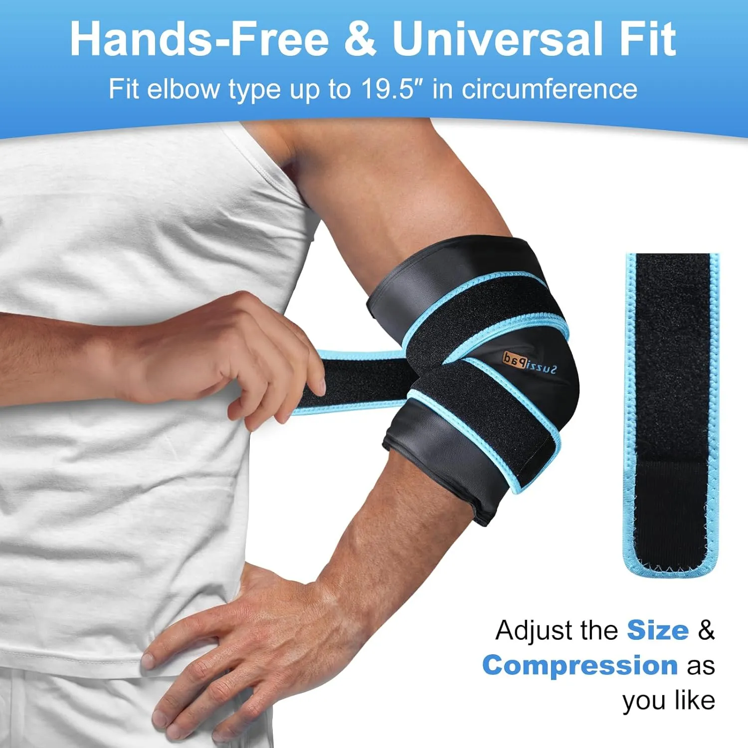 SuzziPad Elbow Ice Pack Wrap – Wearable Cold Compression Sleeve for Elbow & Forearm, Reusable Ice Pack for Tennis & Golf Recovery, Black