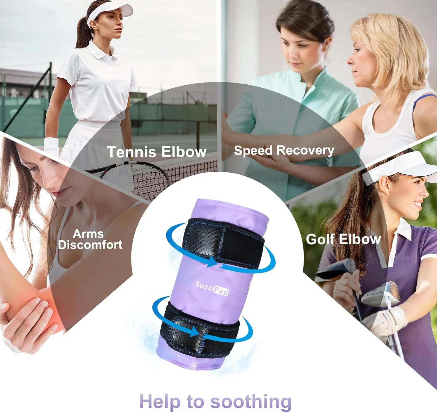 SuzziPad Elbow Ice Pack Wrap – Wearable Cold Compression Sleeve for Elbow & Forearm, Reusable Ice Pack for Tennis & Golf Recovery, Purple