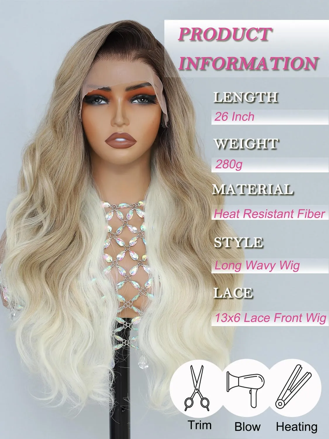 Synthetic Lace Front Wig for Women, Ombre Blonde Synthetic Wig,13x6 Hd Lace Front, 26 Inch Long Wavy, Heat Resistant Fiber, Deep Parting, with Baby Hair, Natural Hairline