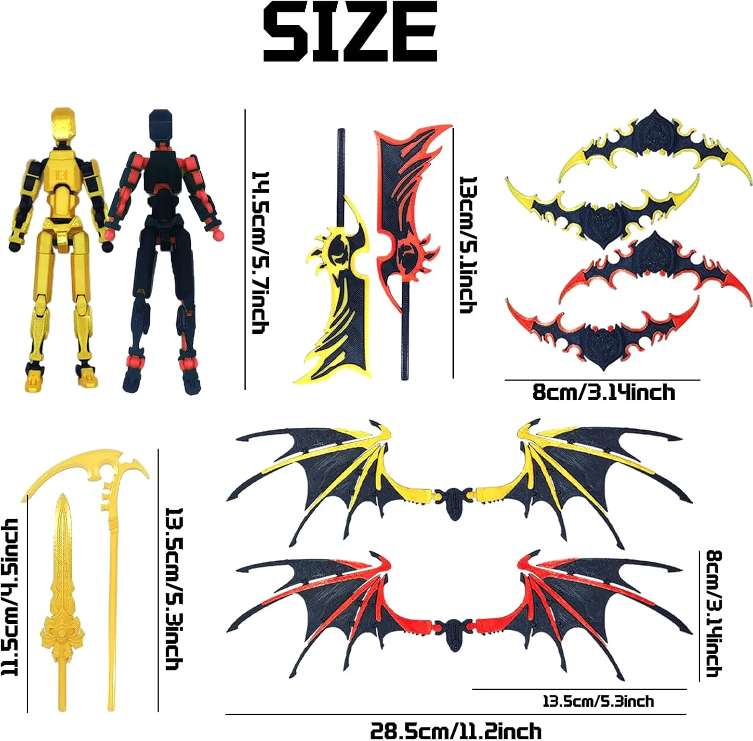 T13 Action Figure Set (Assembly Completed), 2Pcs Daemon Titan 13 Action Figure 3D Printed Dummy Robo 13 Action Figure Weapon Upgrade Robot Action Figure for Desktop Decoration (Red Yellow)
