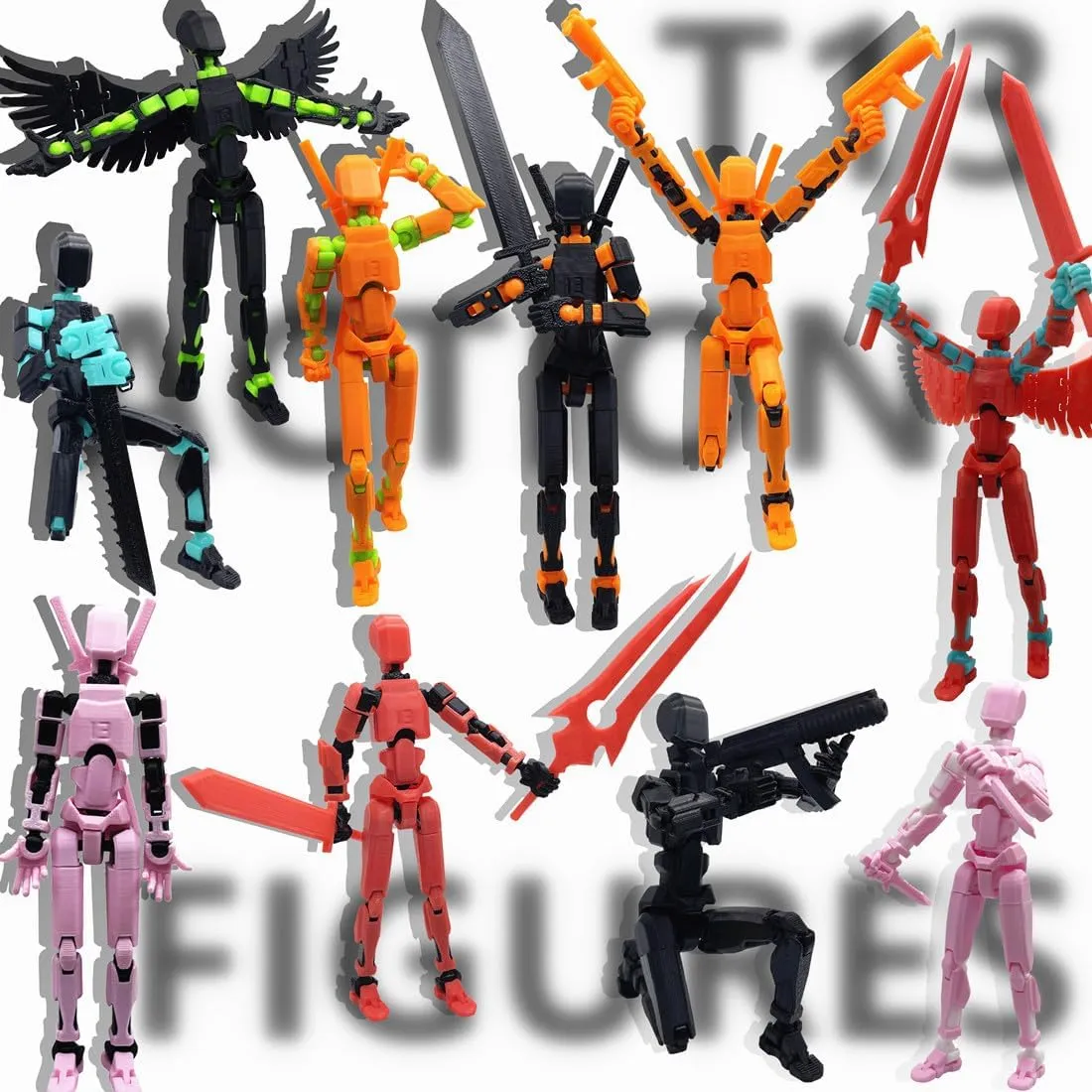 T13 Action Figures Set (Assembly Completed) Dummy 13 Titan 13 Robot Action Figure 3D Printed Robo Multi-Jointed Movable Action Figure Toy with Full Articulation (Black   Green Figure   Dog)