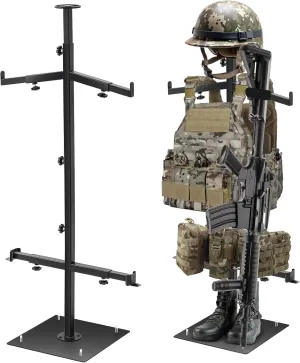 Tactical Gear Stand Helmet Vest Belt Display Rack Metal Police Vest Hanger Adjustable Freestanding Plate Carrier Stand for Tactical Gear and Police Duty Gear Office Home Display Organizer
