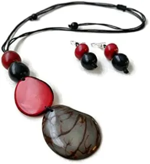 Tagua necklace and earrings in red, black TAG646, long set, statement necklace, organic Jewelry
