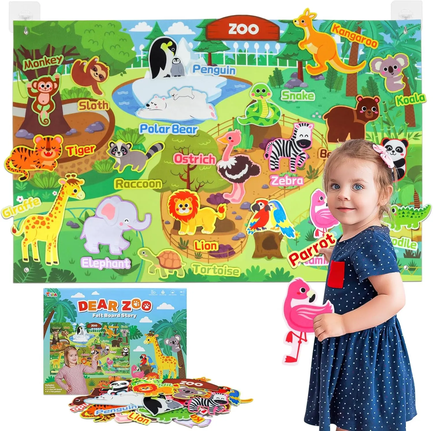 Taika 43x28 inch Zoo Animals Felt Story Board Set, 41Pcs Jungle Animals Toys, Thicker Flannel Board, Preschool Learning Toy, Interactive Storytelling Teaching Play Activity Kits