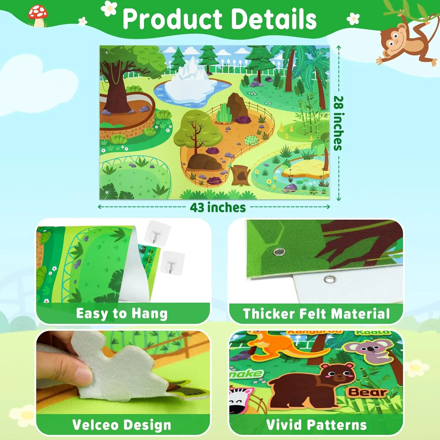 Taika 43x28 inch Zoo Animals Felt Story Board Set, 41Pcs Jungle Animals Toys, Thicker Flannel Board, Preschool Learning Toy, Interactive Storytelling Teaching Play Activity Kits