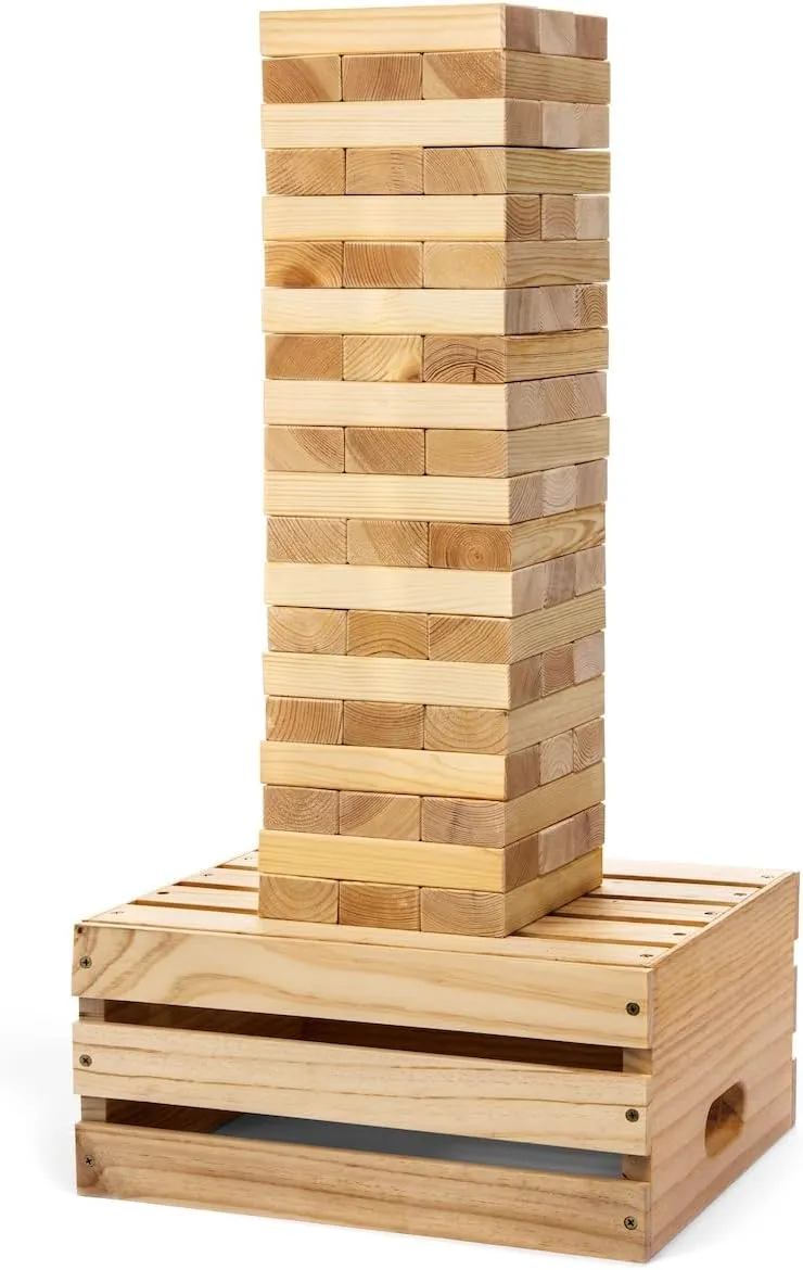 Tailgating Pros Premium Giant Toppling Timbers with Natural Wooden Crate – Jumbo Outdoor Yard Game, Tower Grows to Over 5 Feet! – Optional Tipsy Stickers Available