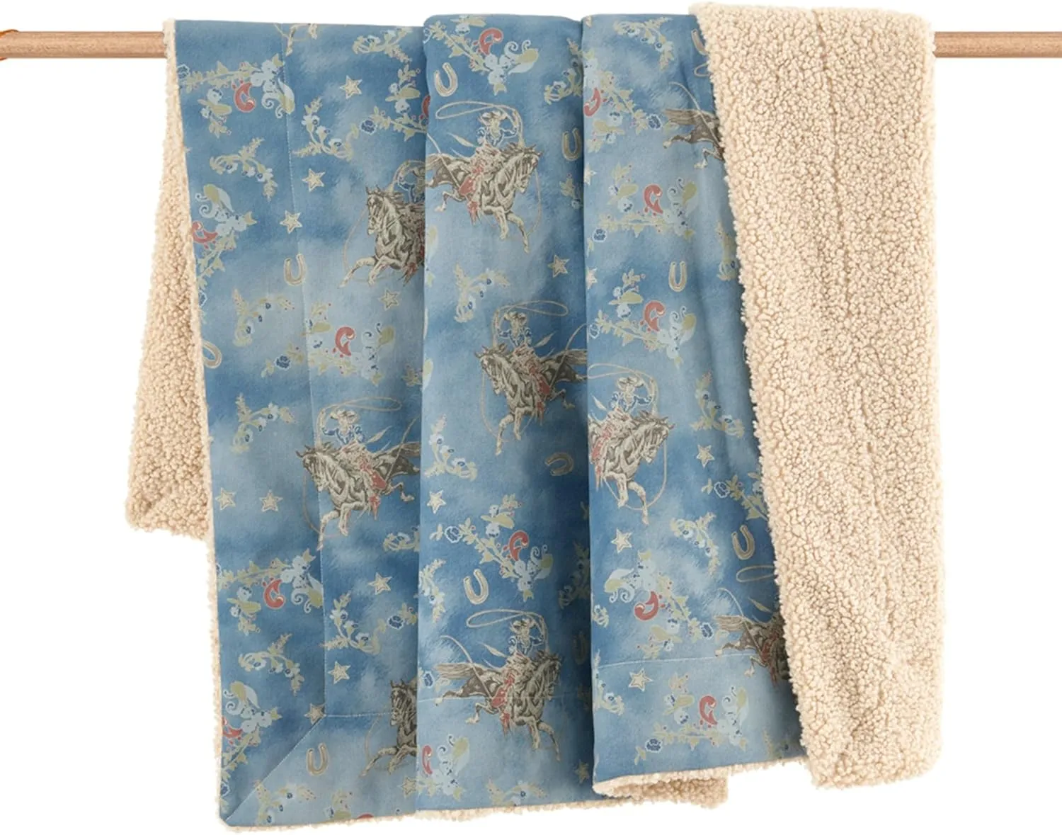 Tasha Polizzi for Paseo Road Lee Western Throw Blanket, 50x60 inch, Washed Denim Throw, Teddy-Backed Soft Boucle Reverse Side, Bronc Rider Floral Horseshoe Print, Plush Cozy Blanket for Bed, Sofa