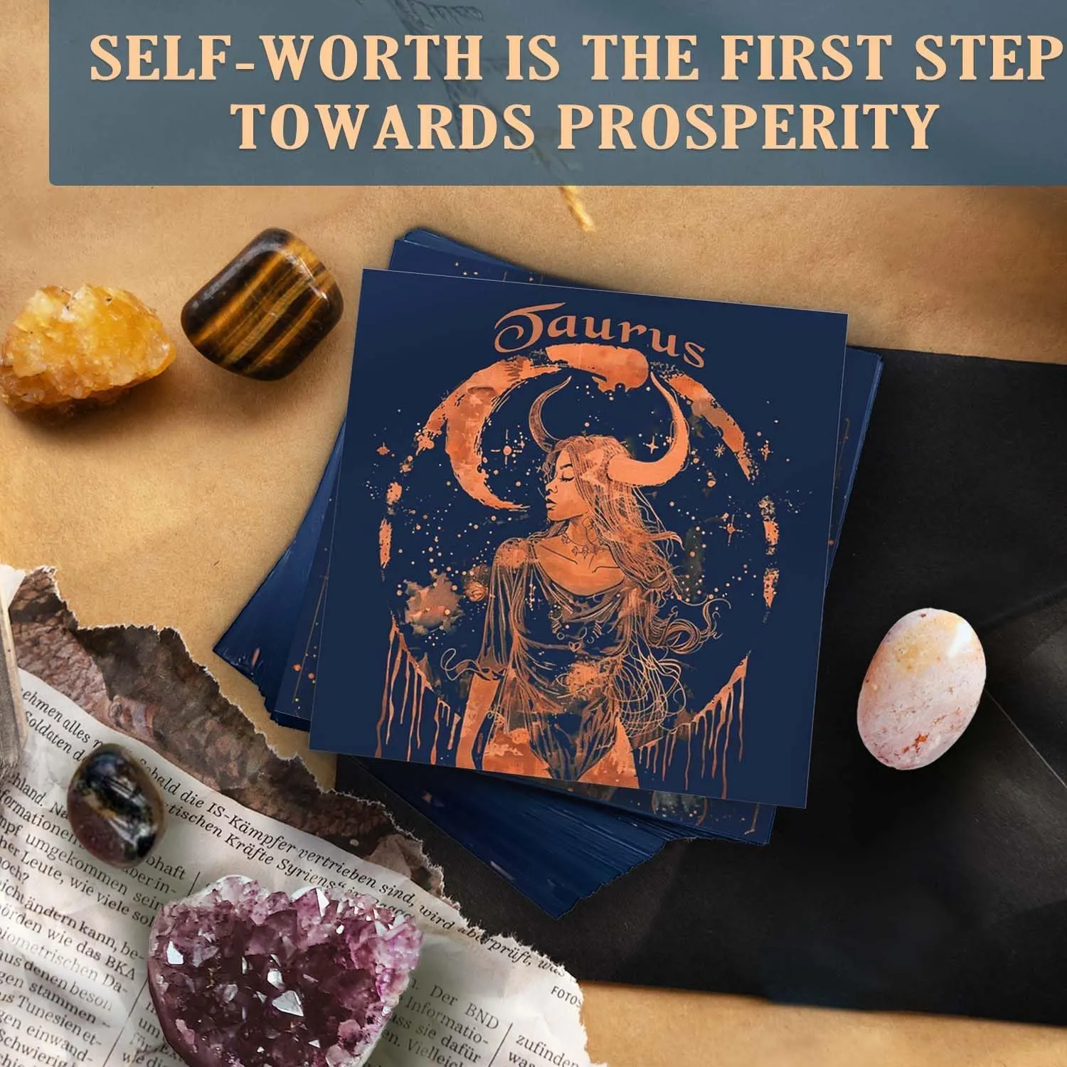 Taurus Crystals Gifts Gifts for Women, 50 Daily Affirmation Cards & 6 Natural Healing Crystals, Healing Stones for Positive Energy, Inspirational Spiritual Zodiac Gifts