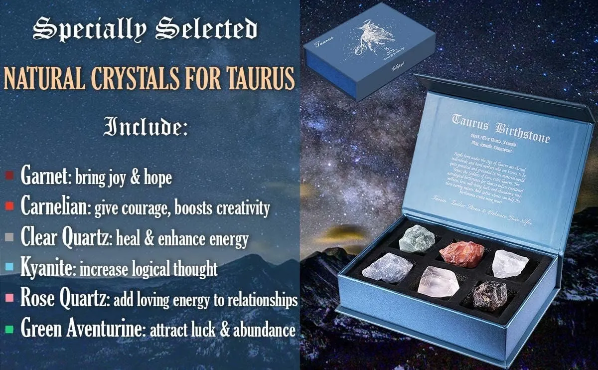 Taurus Crystals Gifts Gifts for Women, 50 Daily Affirmation Cards & 6 Natural Healing Crystals, Healing Stones for Positive Energy, Inspirational Spiritual Zodiac Gifts