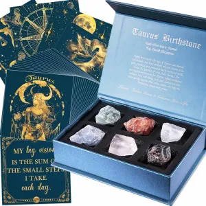 Taurus Crystals Gifts Gifts for Women, 50 Daily Affirmation Cards & 6 Natural Healing Crystals, Healing Stones for Positive Energy, Inspirational Spiritual Zodiac Gifts