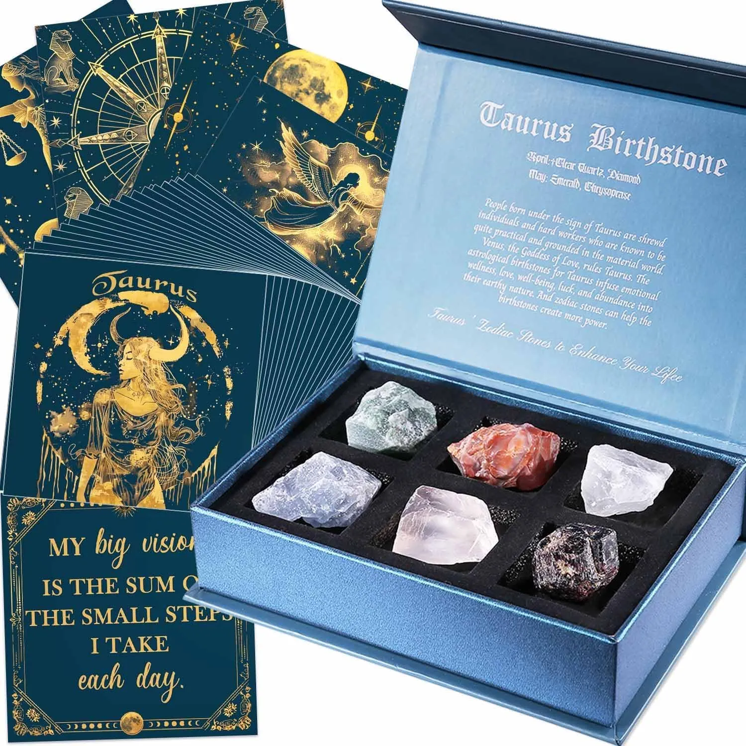 Taurus Crystals Gifts Gifts for Women, 50 Daily Affirmation Cards & 6 Natural Healing Crystals, Healing Stones for Positive Energy, Inspirational Spiritual Zodiac Gifts