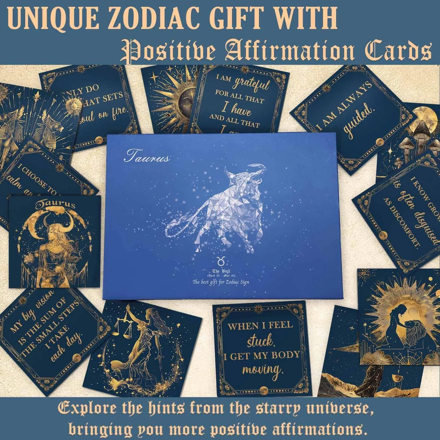 Taurus Crystals Gifts Gifts for Women, 50 Daily Affirmation Cards & 6 Natural Healing Crystals, Healing Stones for Positive Energy, Inspirational Spiritual Zodiac Gifts