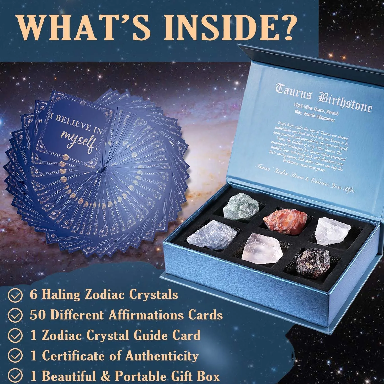 Taurus Crystals Gifts Gifts for Women, 50 Daily Affirmation Cards & 6 Natural Healing Crystals, Healing Stones for Positive Energy, Inspirational Spiritual Zodiac Gifts