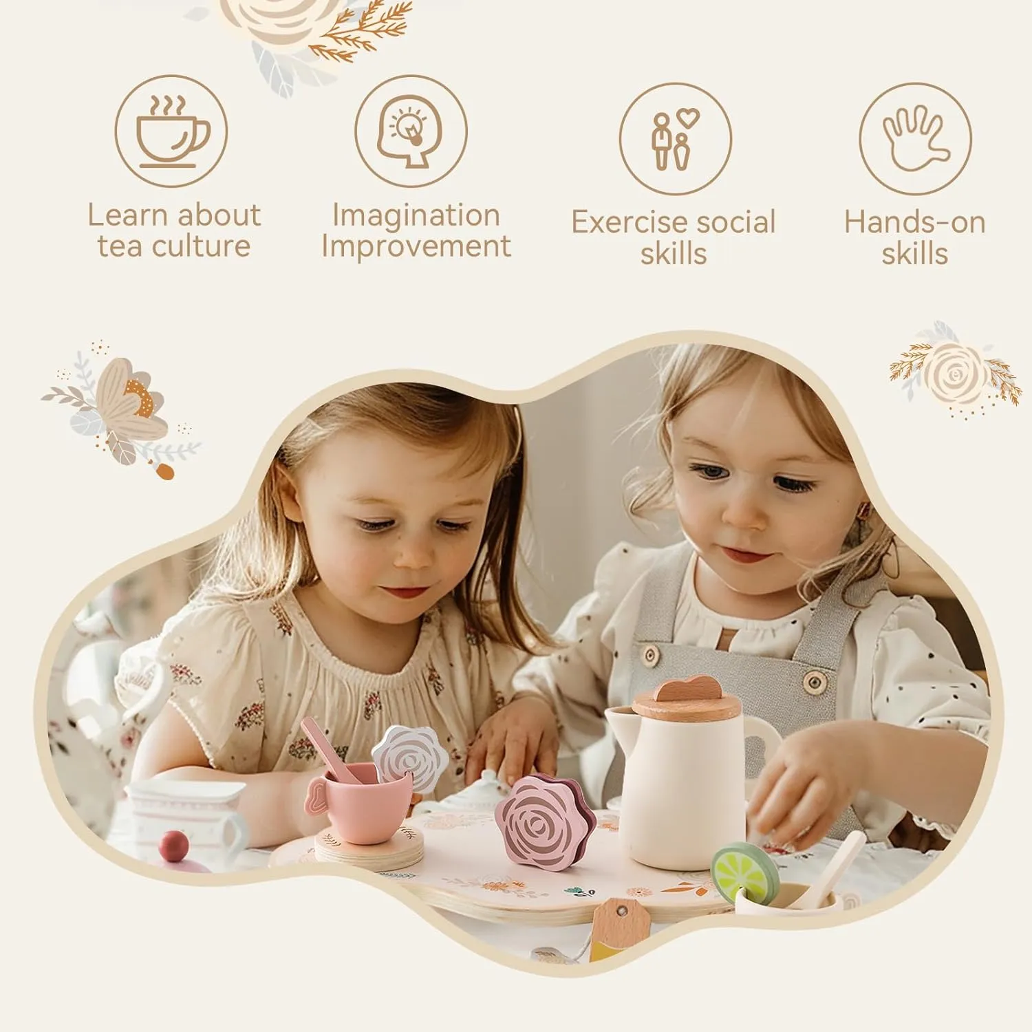 Tea Party Set for Kids - Wooden Tea Set for Little Girls 15PCS Silicone Toddler Tea Set Kitchen Accessories Pretend Play Toy Tea Set for Toddlers - Birthday Gift (Purple)